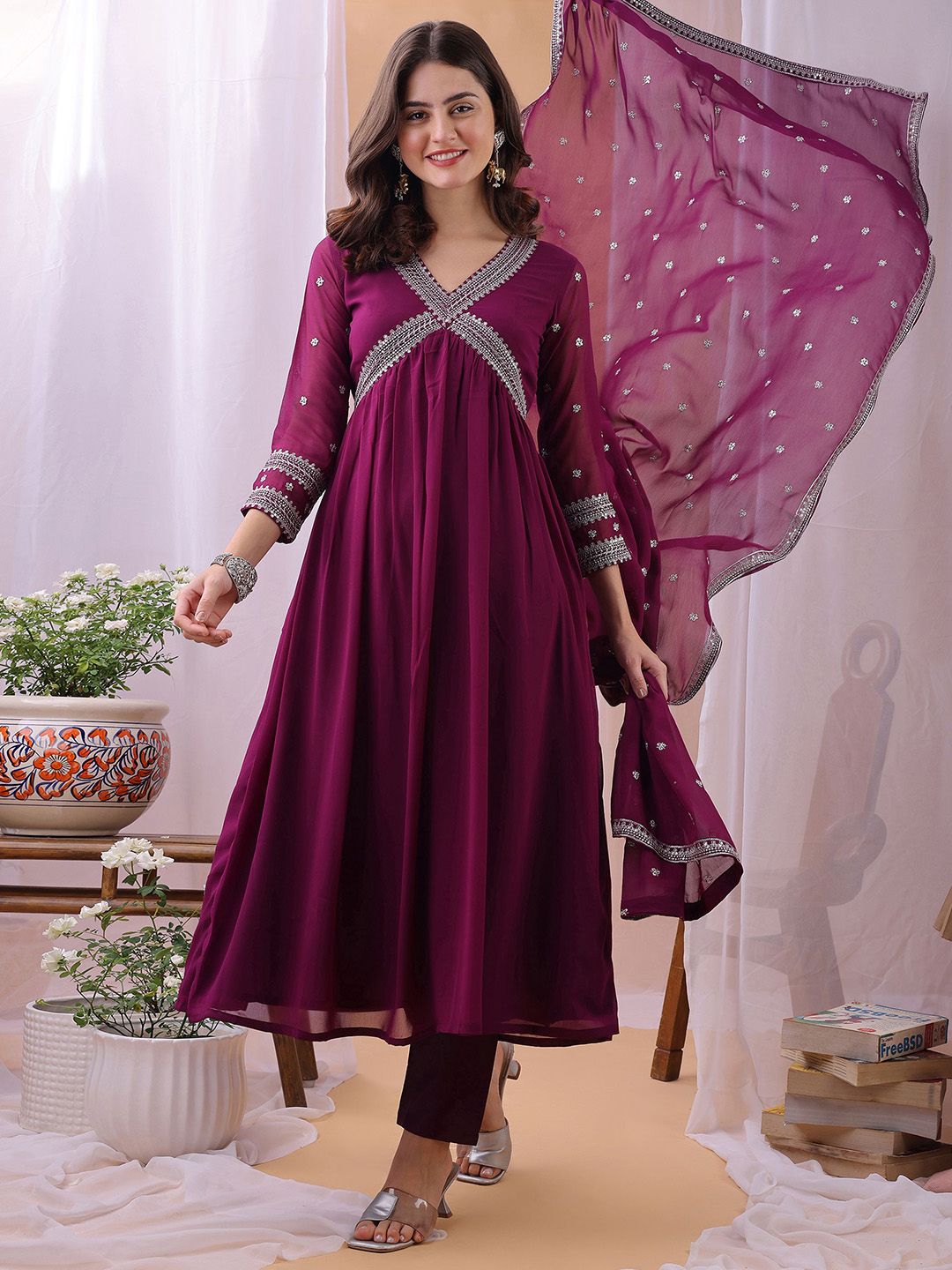 TextileNow Floral Yoke Design Empire Sequinned Georgette Kurta With Trousers & Dupatta