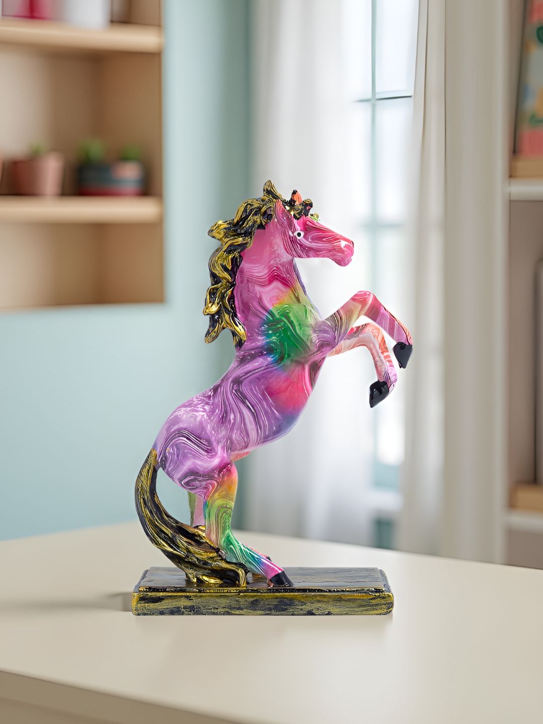 Golden Peacock Pink Textured Galloping Horse Resin Figurine Showpiece