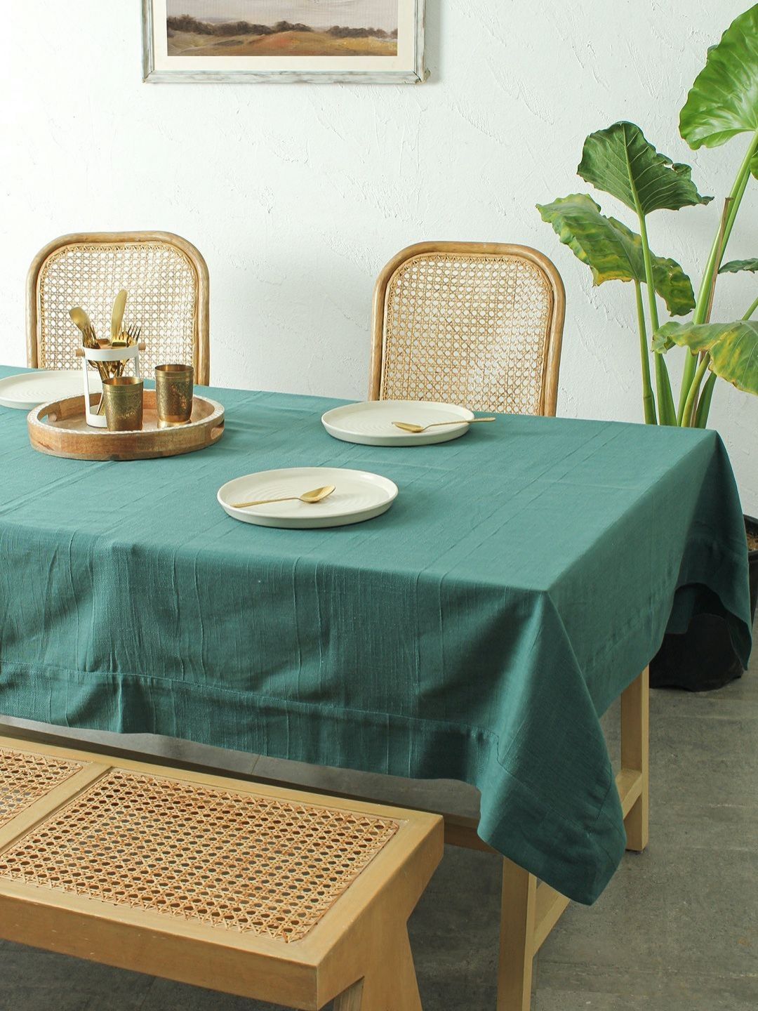 House This Herringbone Green Self Design Rectangle Cotton 4-Seater Table Cover-picture-17