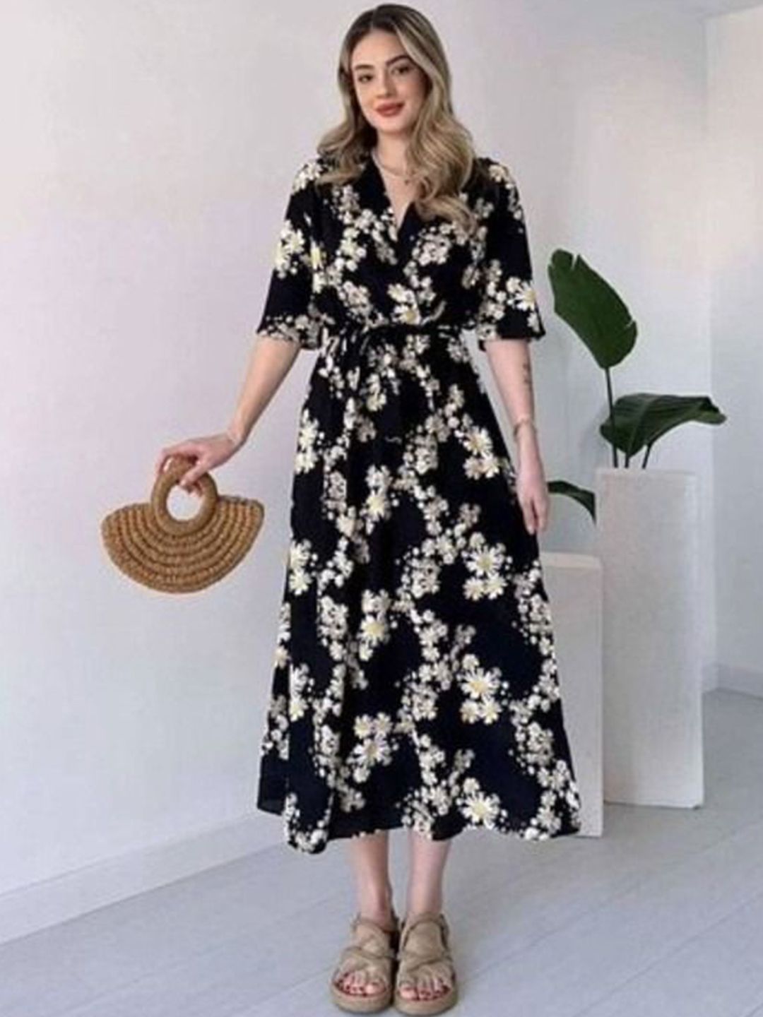 CORSICA Women Floral Print V- Neck Flared Sleeves Wrap Maxi Dress