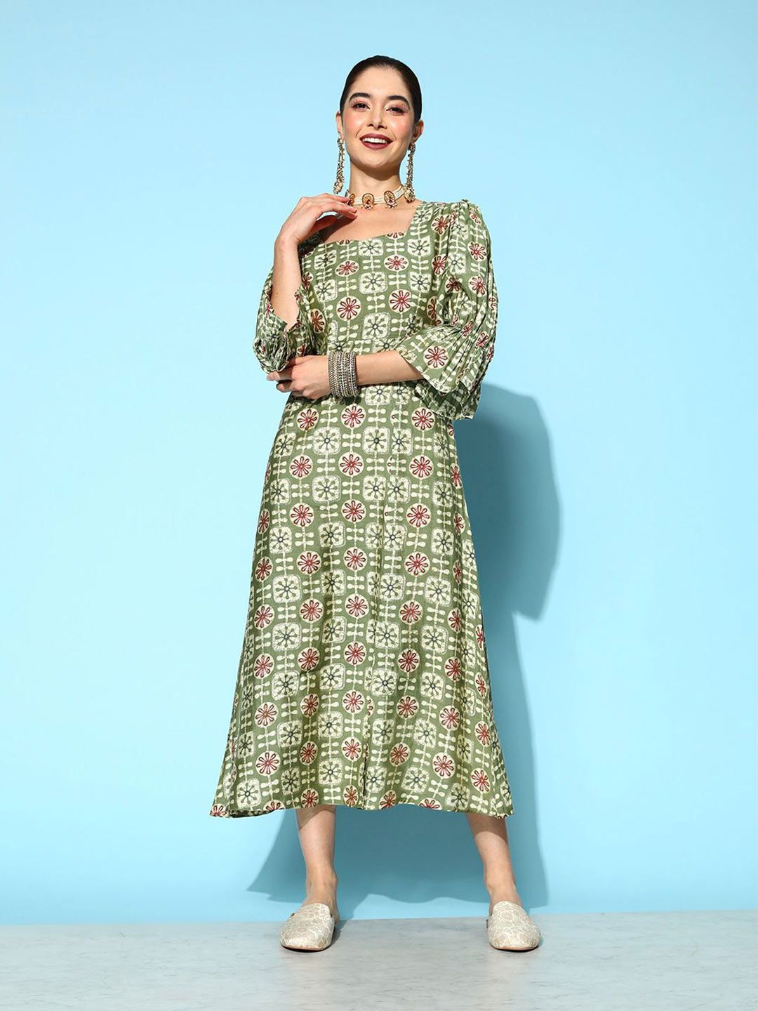 BAESD Women Ethnic Motif Printed Slits A-Line Midi Dress-picture-13