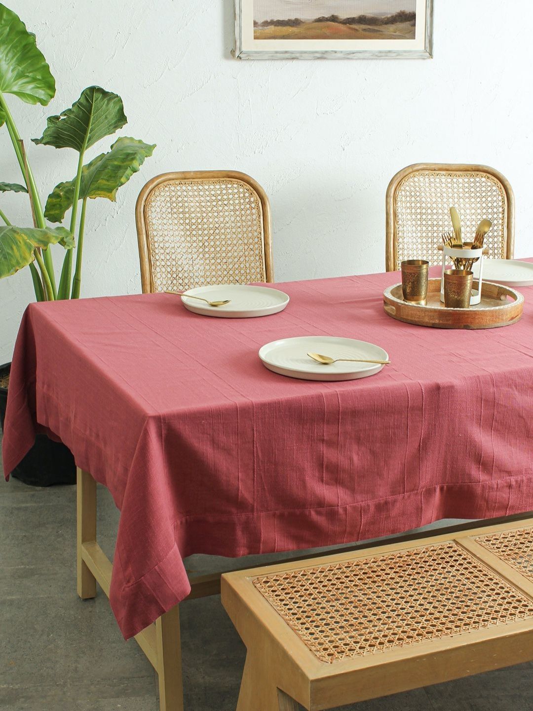 House This Herringbone Maroon Self Design Rectangle Cotton 4-Seater Table Cover-picture-16