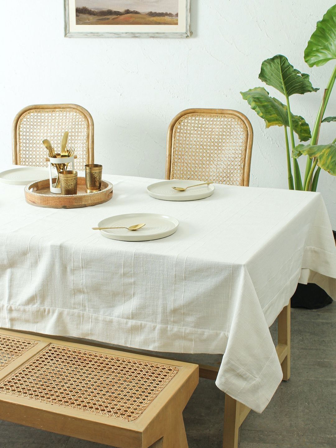 House This Herringbone White Self Design Rectangle Cotton 4-Seater Table Cover-picture-10