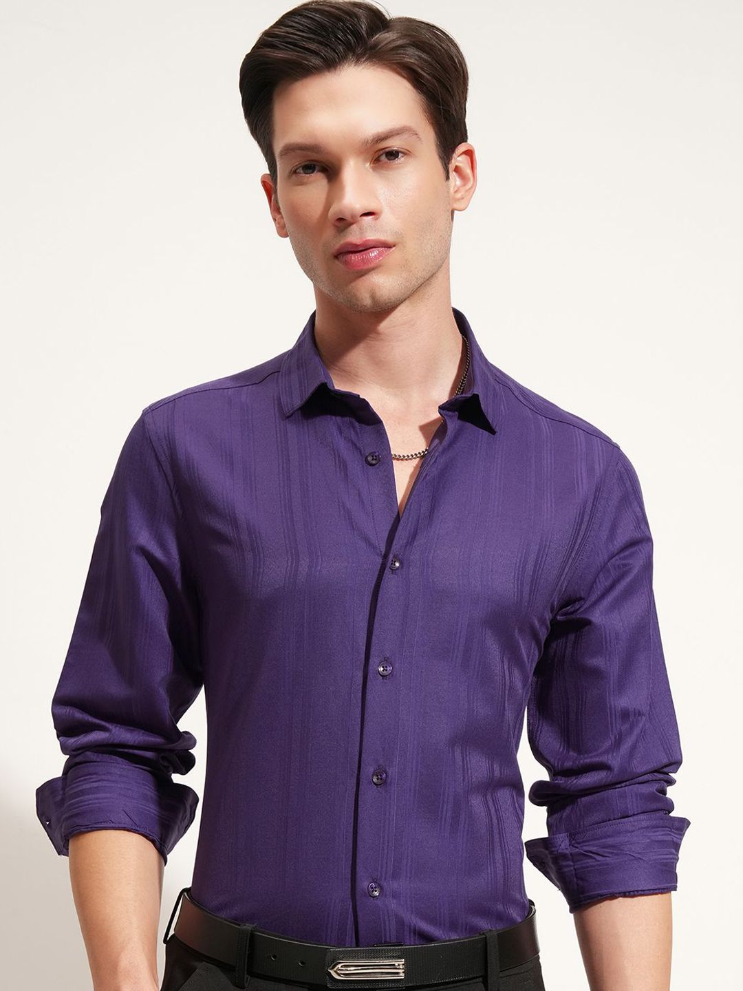 HIGHLANDER Self Design Slim Fit Cutaway Collar Formal Shirt-image-29