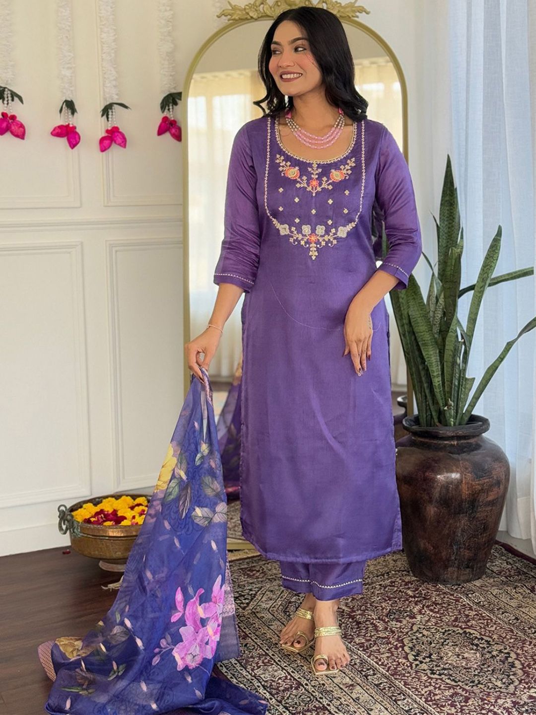 CANBIA Embroidered Thread Work Regular Chanderi Silk Kurta with Trousers & Dupatta