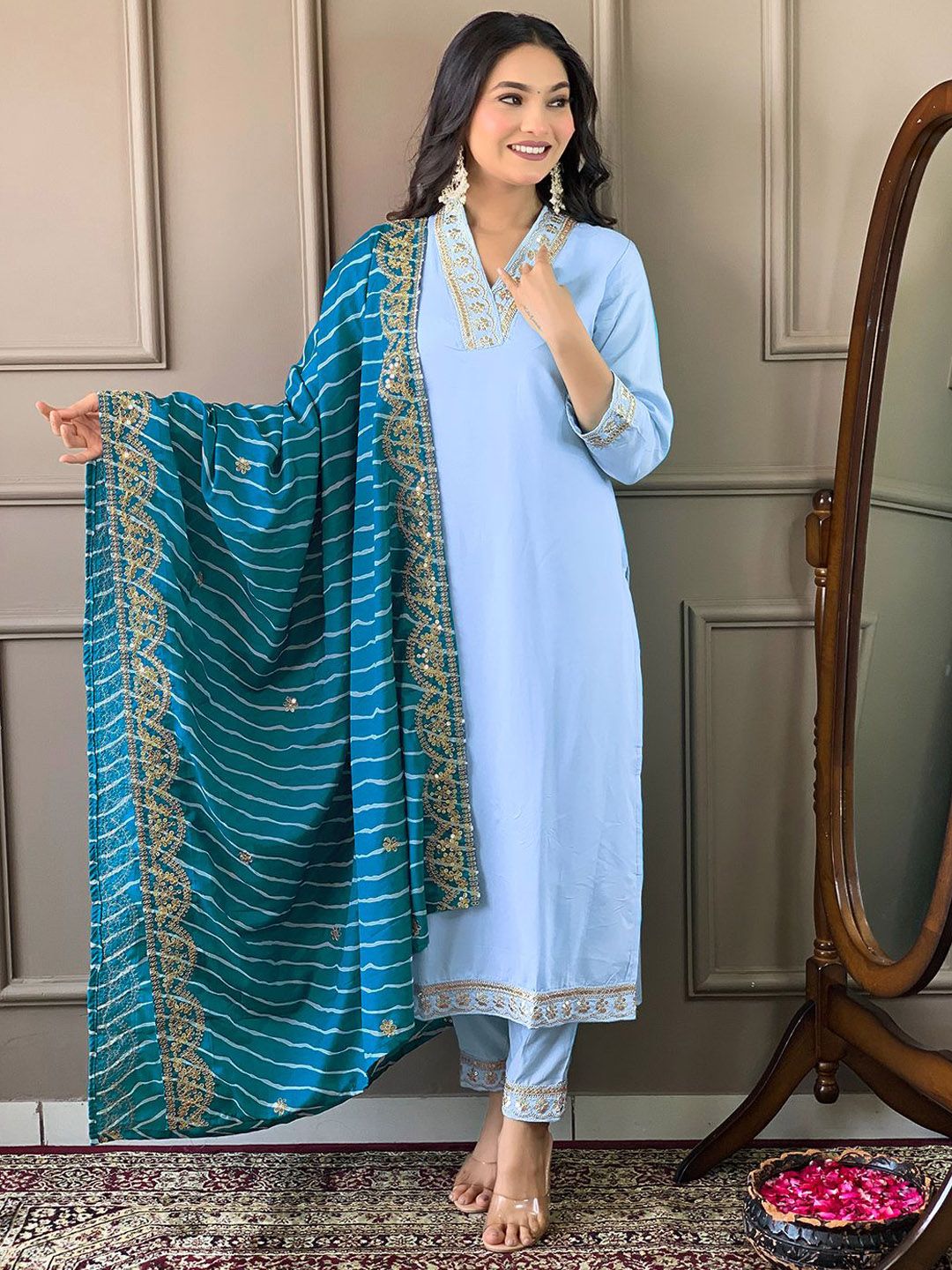 CANBIA Embroidered Thread Work Regular Kurta with Trousers & Dupatta