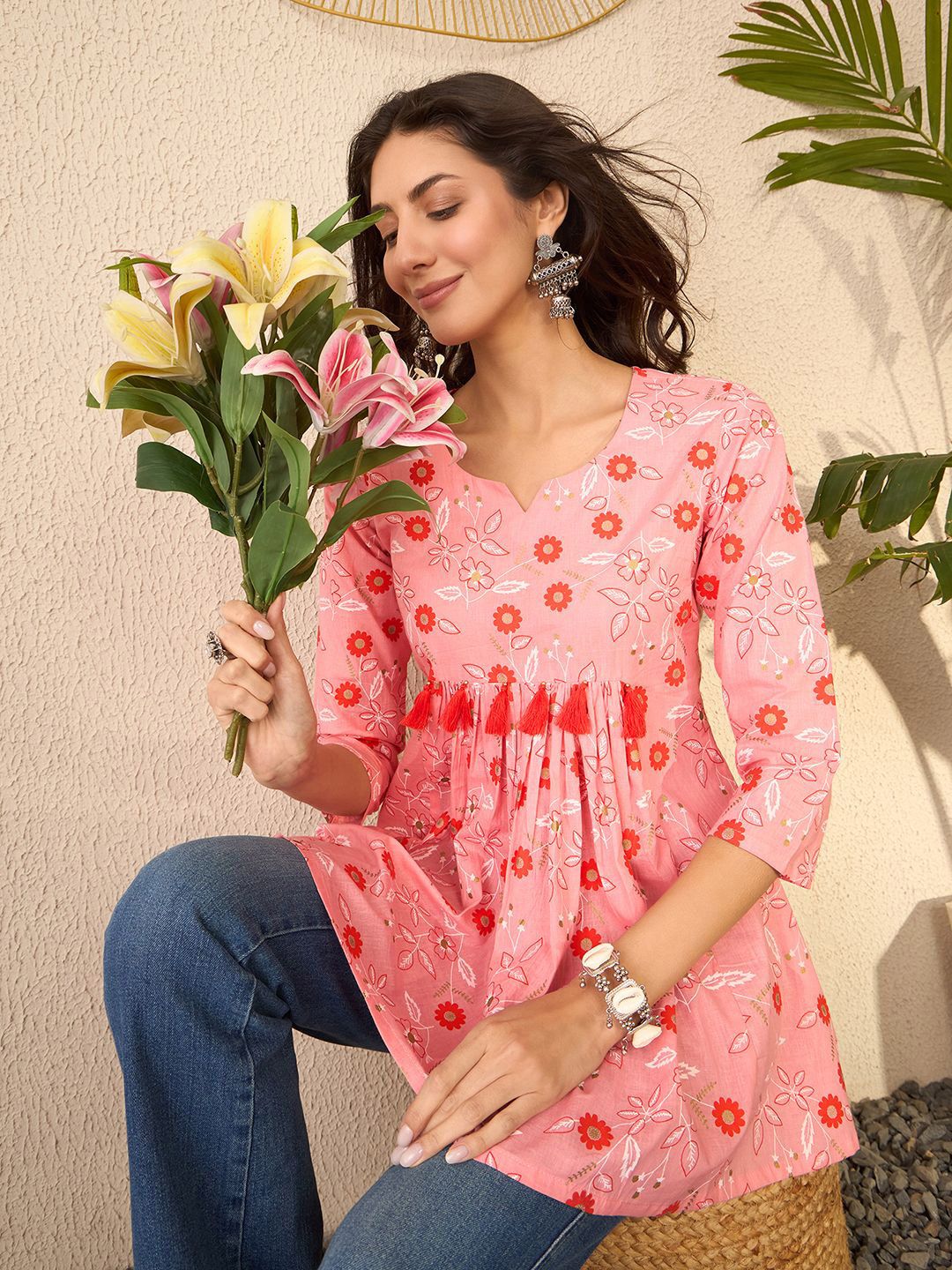 KALINI Women Floral Printed Round Notched Neck A-Line Top-picture-29