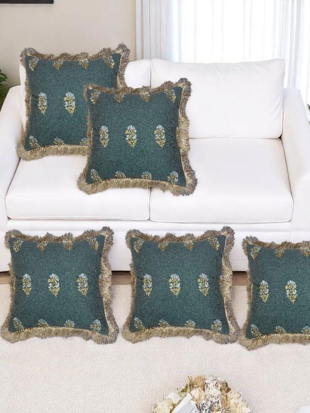 CASA-NEST Teal Set of 5 Square Cushion Covers-picture-3