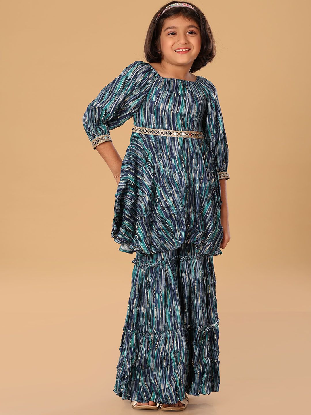 The Mini Trunk Girls Abstract Printed Square Neck Mirror Work A-Line Kurta With Trousers-picture-23