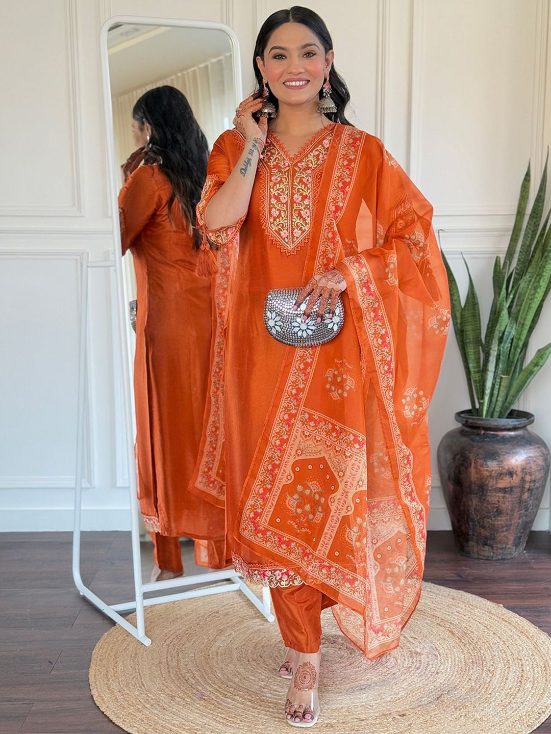 CANBIA Floral Yoke Design Regular Chanderi Silk Kurta with Trousers & With Dupatta