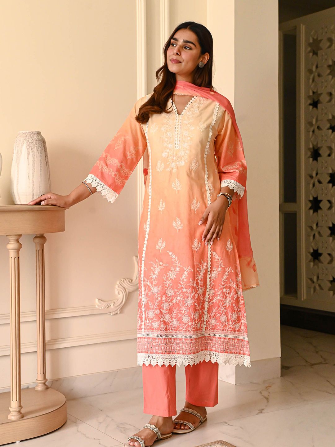 Bunaai Neerja Floral Embroidered V-Neck Chikankari Kurta With Trousers & Dupatta
