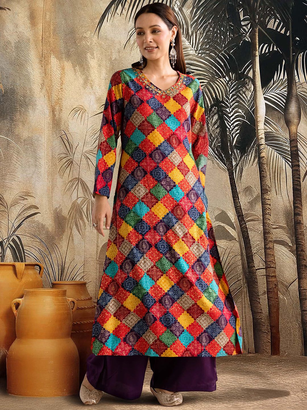 Sangria Women Ethnic Motifs Printed Kurta with Palazzo