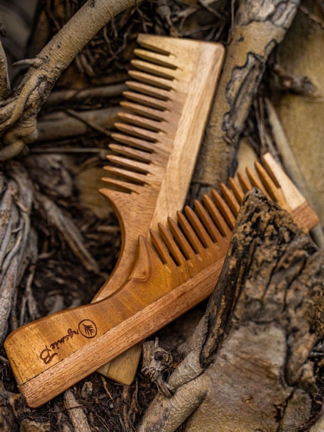 Organic B Neem Wood Wide Teeth Comb With Handle Infused With Rosewood-image-19