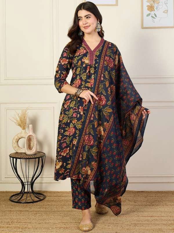 Ethnic 3 You Floral Printed Regular V-Neck Pure Cotton A-Line Kurta With Trouser & Dupatta