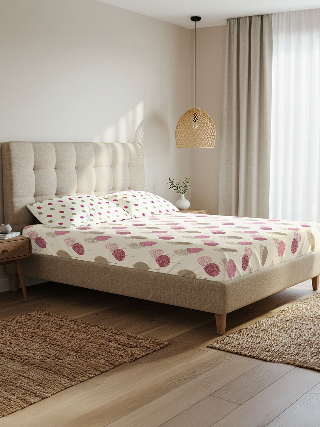 URBAN SPACE Off White & Pink Leaf Printed 200 TC King Bedsheet with 2 Pillow Covers-picture-11