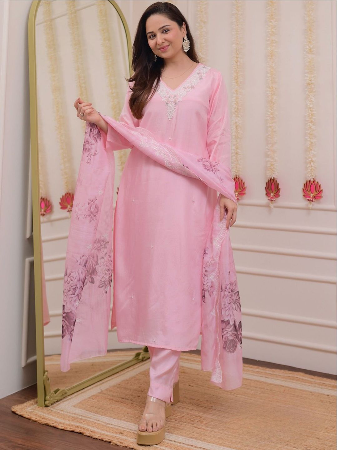 Growdamy Women Embroidered Regular Thread Work Straight Kurta with Trousers & Dupatta-picture-40