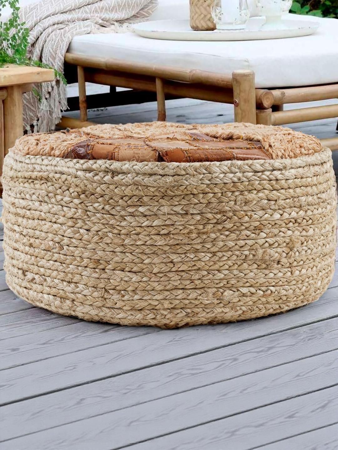 PLIVANA Beige Braided Cylindrical Shape Ottoman-image-36
