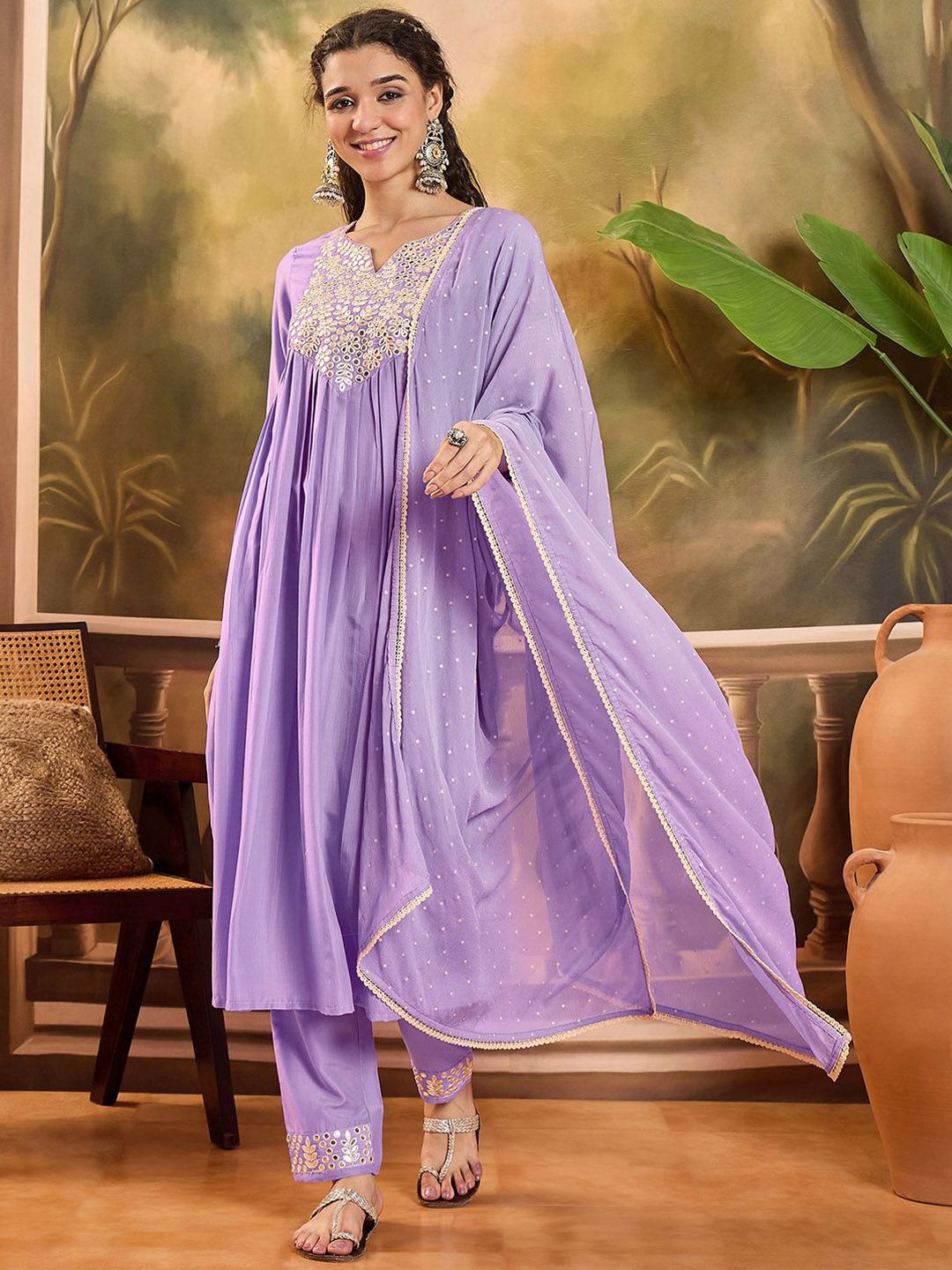 Sangria Women Thread Embroidered With Mirror Work A-Line Kurta With Trousers & Dupatta