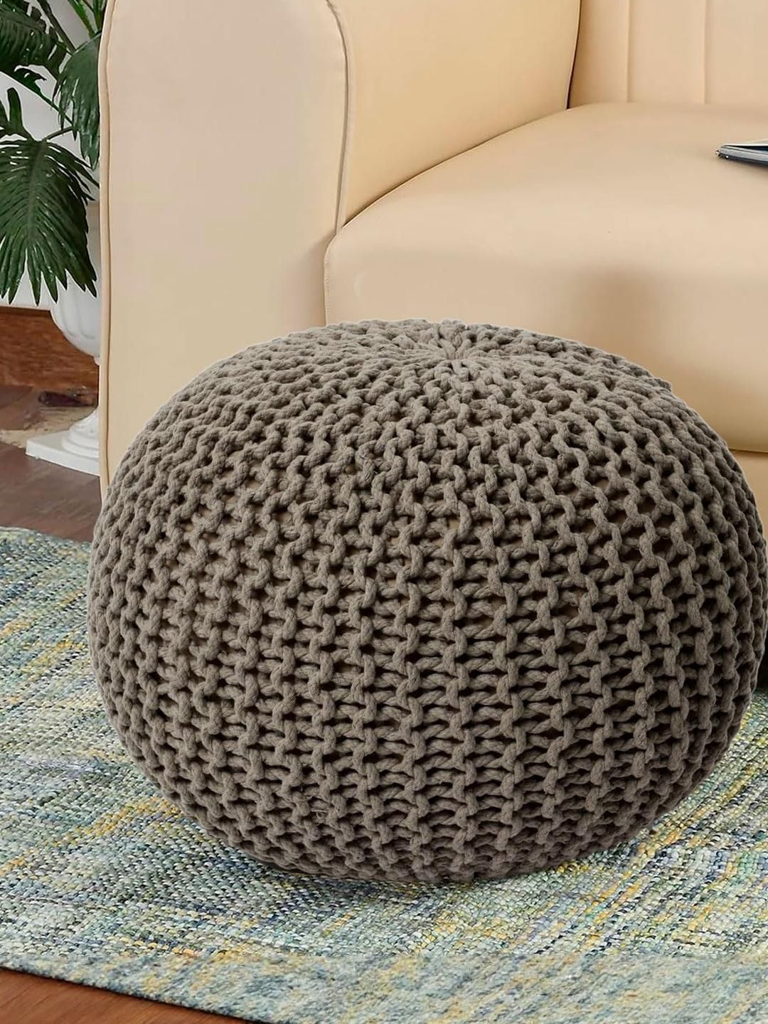 PLIVANA Beige Braided Round Shape Cotton Ottomans-image-39