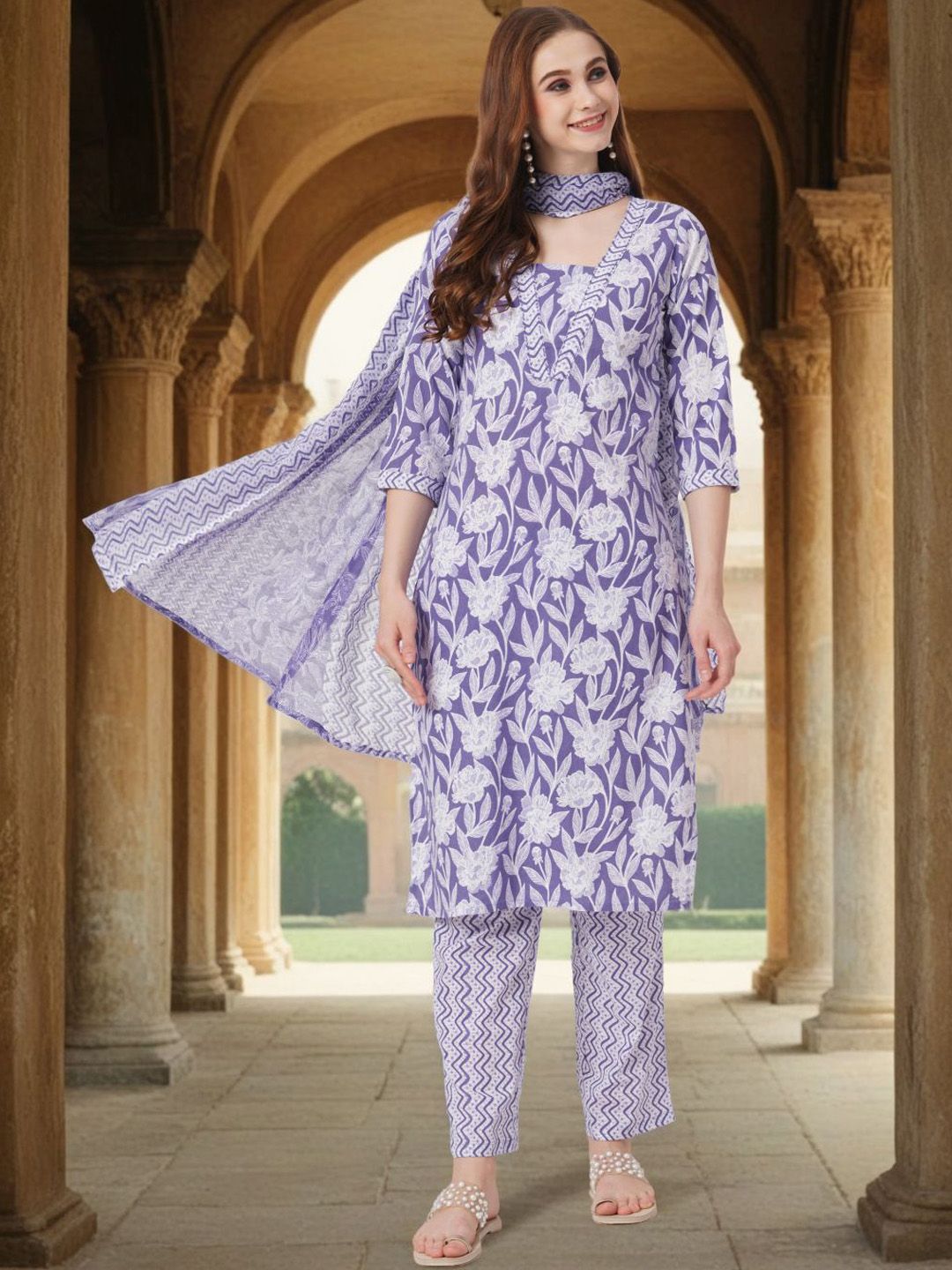 FASHOR Women Floral Print Regular Pure Cotton Kurta with Trousers & With Dupatta