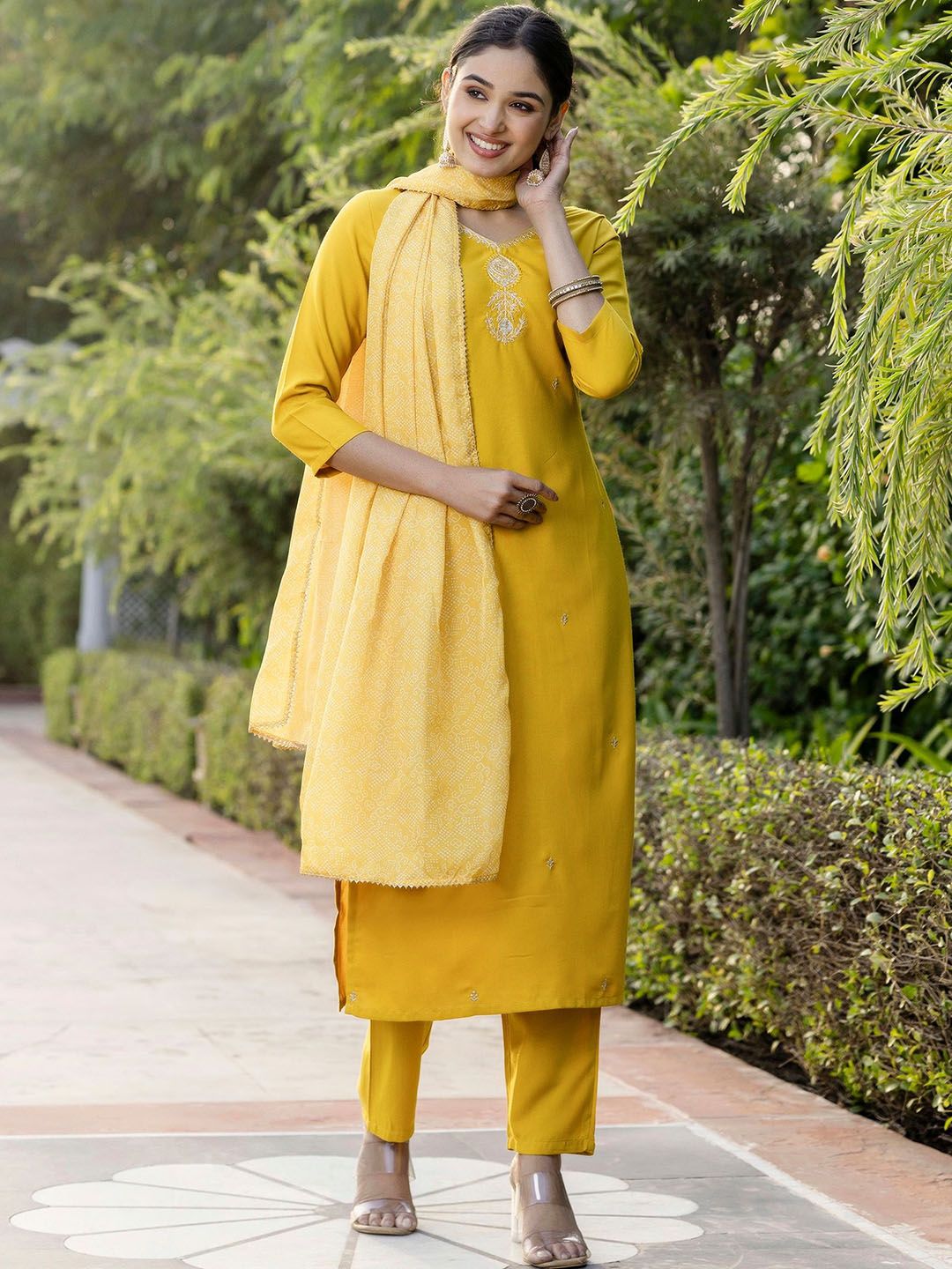 KALINI Floral Embroidered Thread Work V-Neck Straight Kurta With Trousers & Dupatta