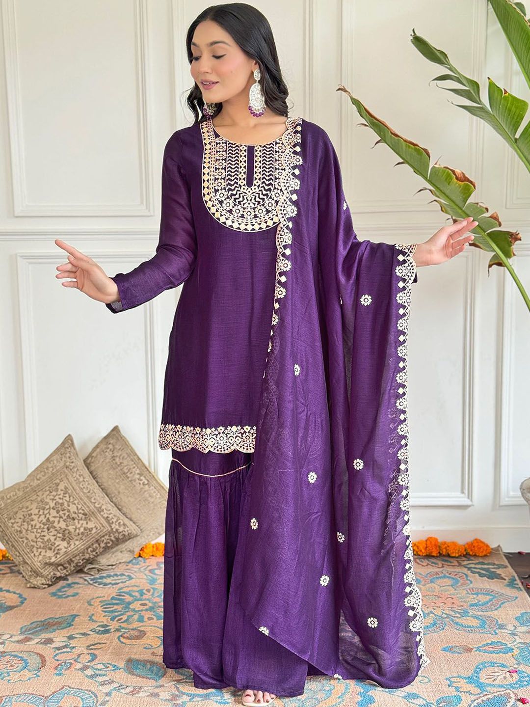 CANBIA Floral Yoke Design Thread Work Straight Kurta With Sharara & Dupatta