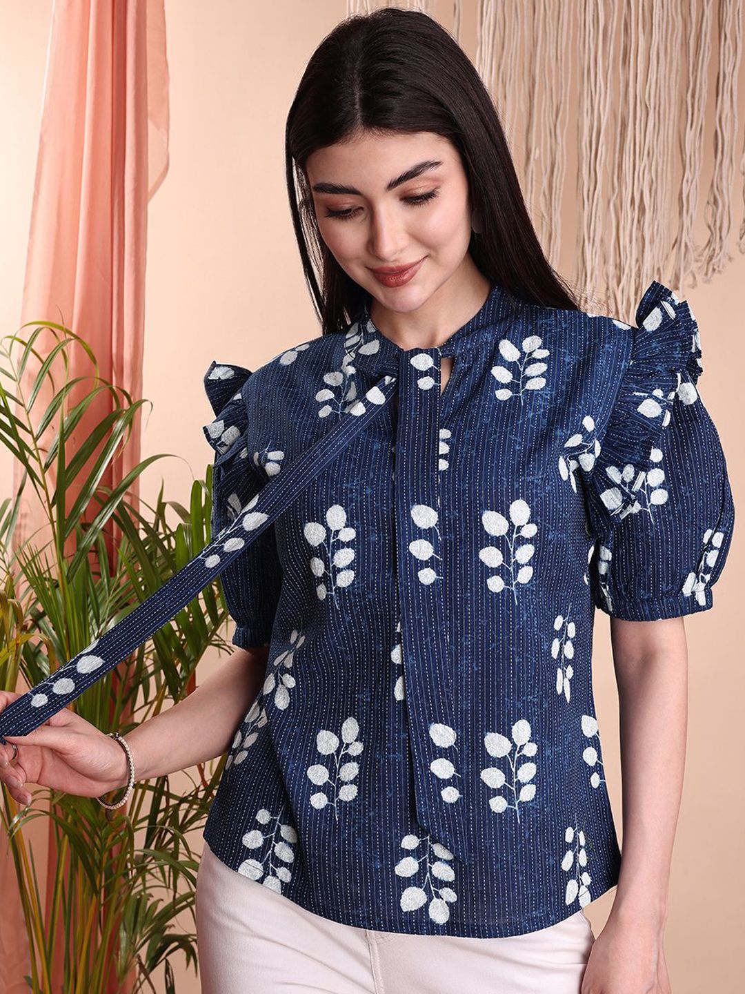 Kinjo Women Floral Printed Tie-Up Neck Cotton Top-picture-26