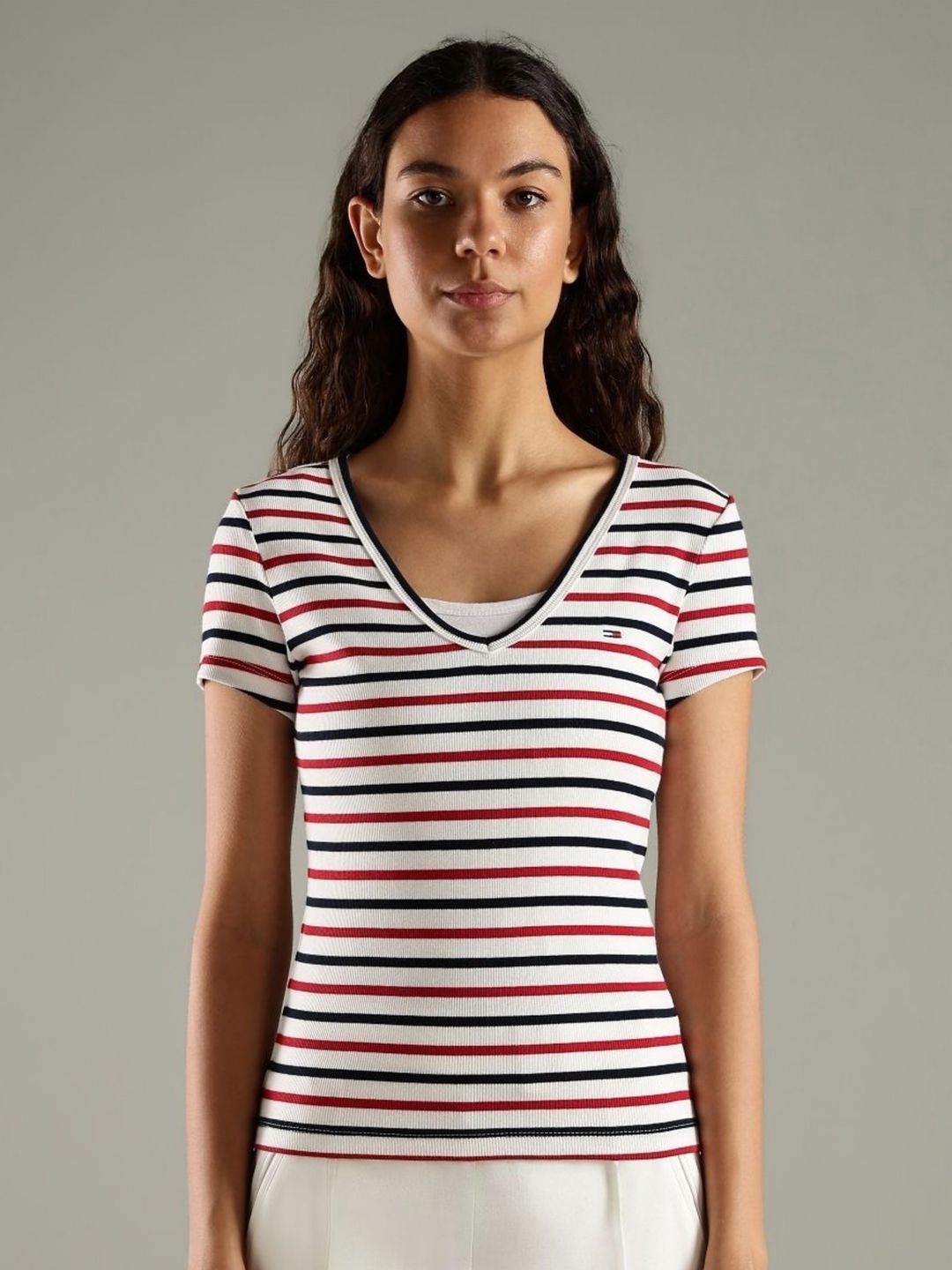Tommy Hilfiger Women Striped V-Neck Slim Fit T-shirt-picture-23