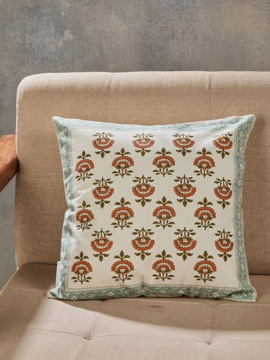 Fabindia Khus Orange Colored & White Floral Printed Cotton Square Cushion Cover-picture-21