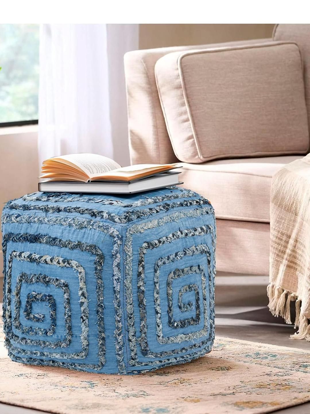 PLIVANA Boho Pouf Blue Abstract Printed Square Ottoman-image-13