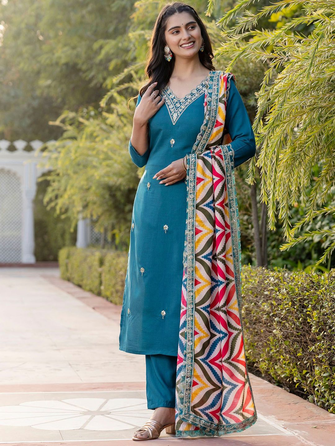 KALINI Floral Embroidered Thread Work V-Neck Straight Kurta With Trousers & Dupatta