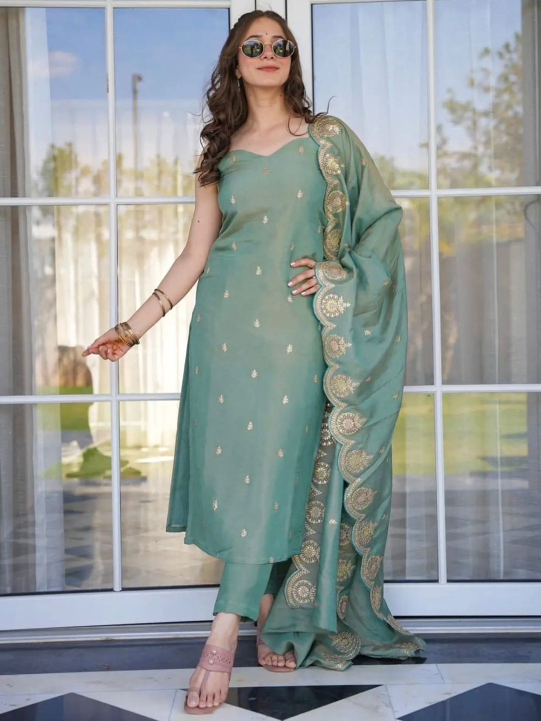 BAPS Floral Embroidered Shoulder Strap Chanderi Cotton Kurta With Trouser & Dupatta