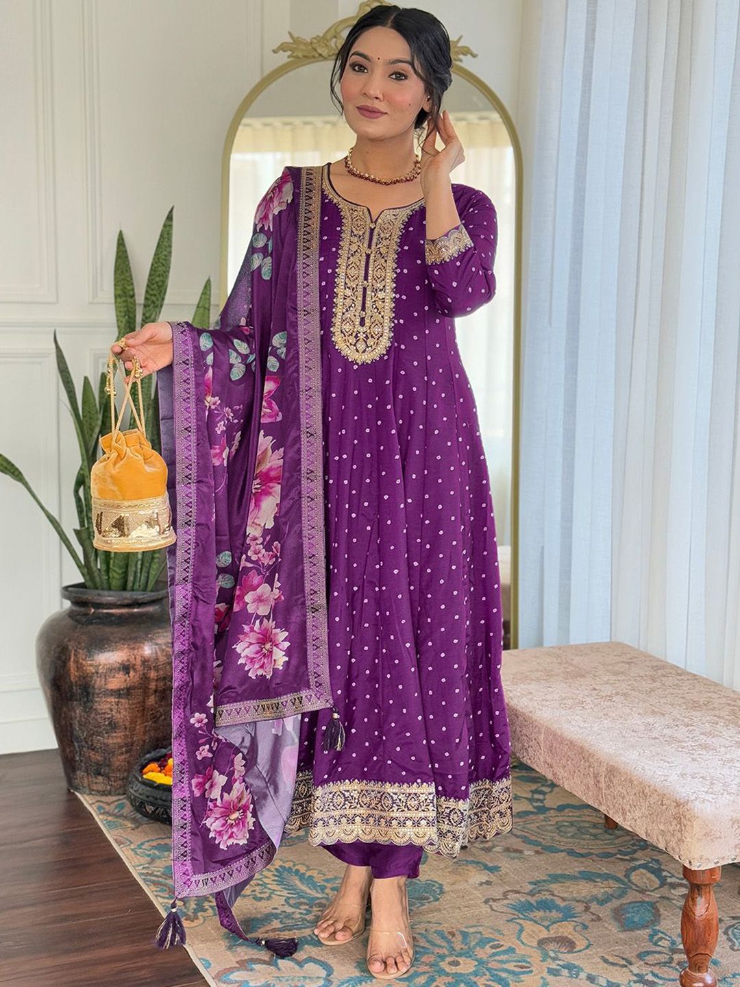 CANBIA Women Ethnic Motifs Embroidered Regular Kurta & Trousers & Dupatta