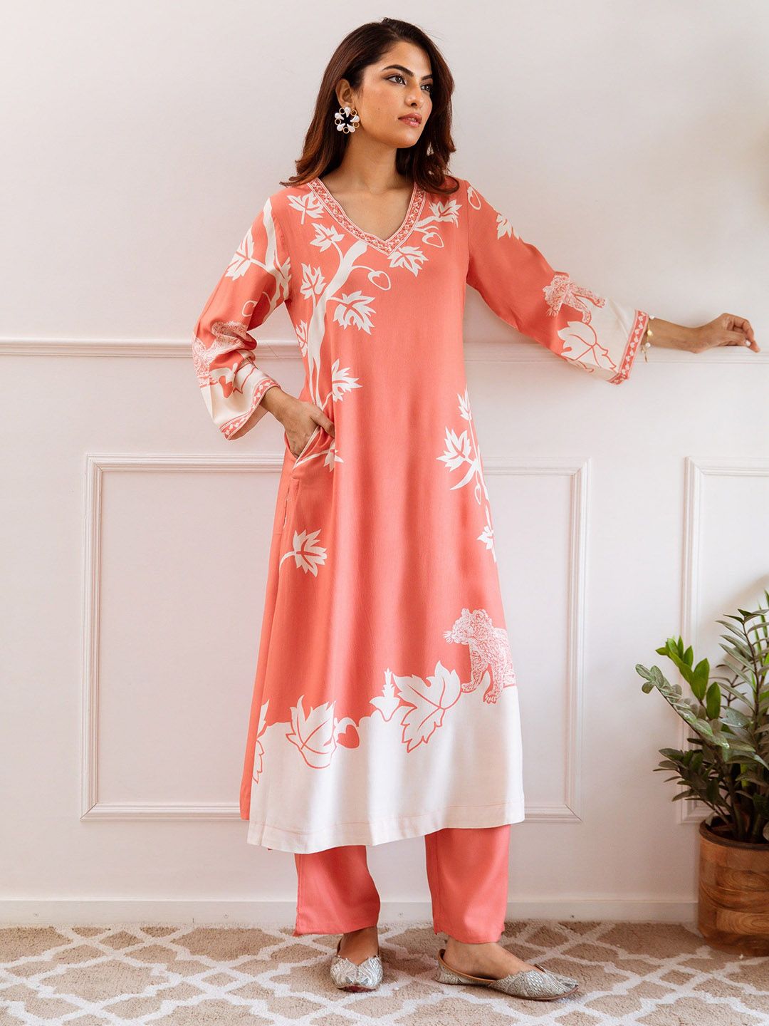 Sangria Floral Printed V Neck Straight Kurta & Palazzos