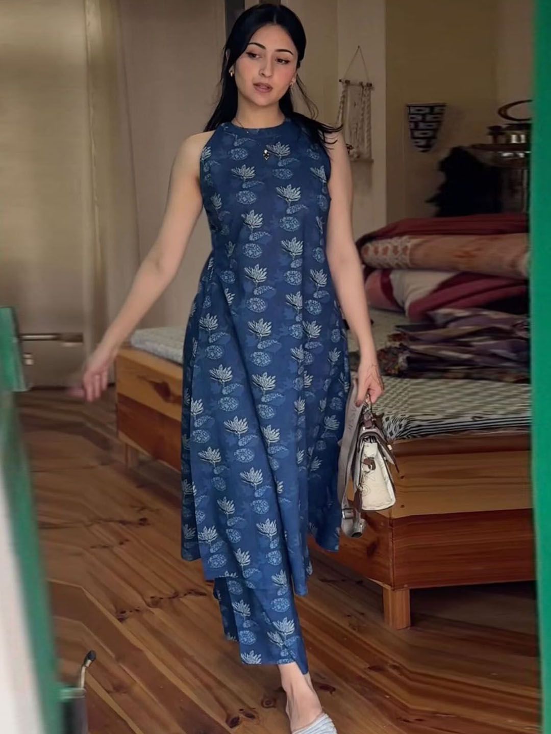 KALINI Floral Printed Round Neck A-Line Kurta With Palazzo