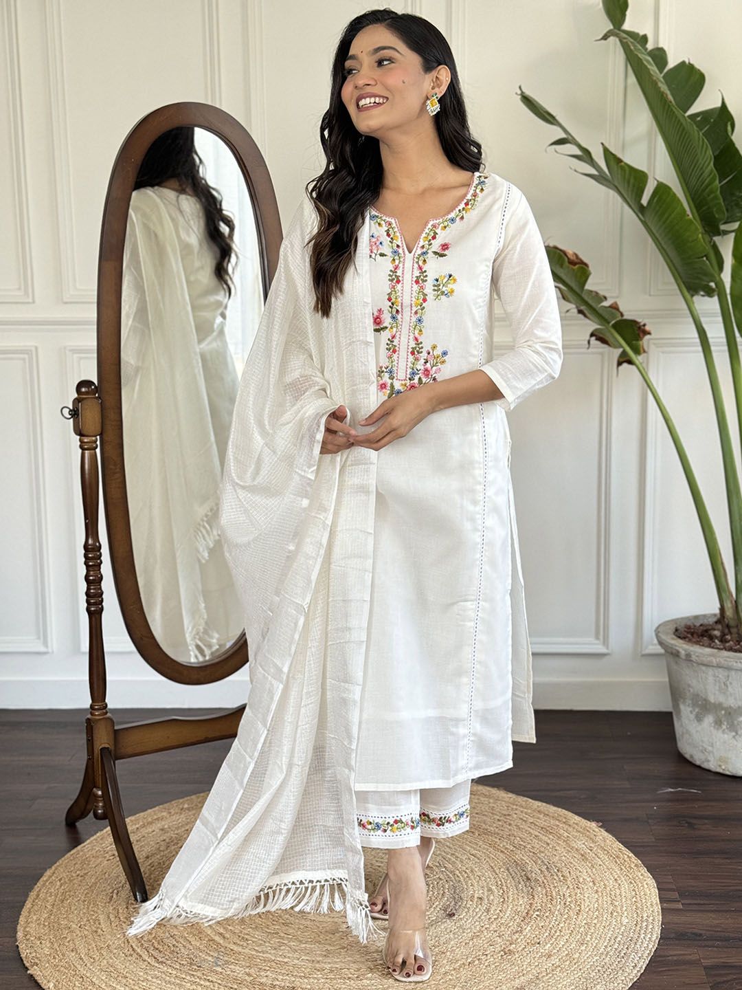 CANBIA Floral Yoke Design Thread Work Chanderi Silk Straight Kurta With Trousers & Dupatta
