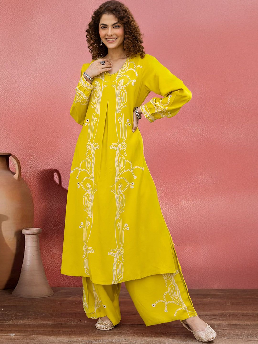 Sangria Women Abstract Printed A-Line Kurta & Palazzos