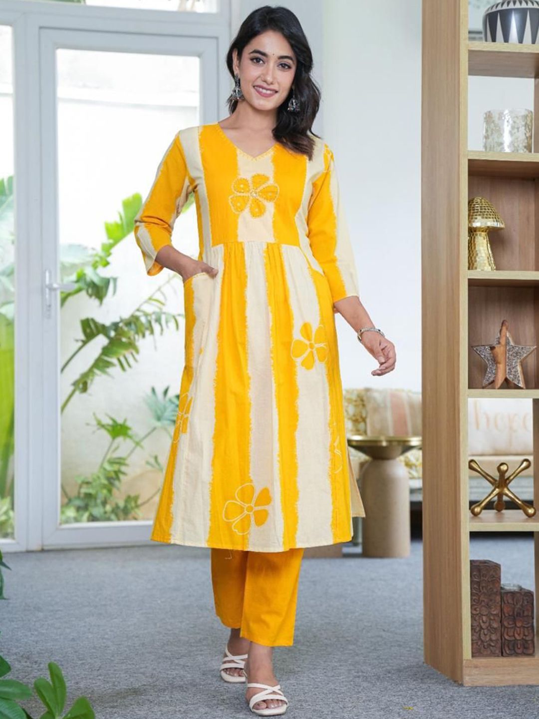 KALINI Women Striped Printed Regular Pure Cotton Kurta with Trousers & Dupatta