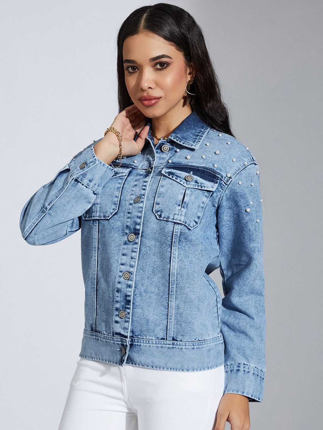 Miss Chase Women Washed without Denim Jacket with Patchwork-picture-20