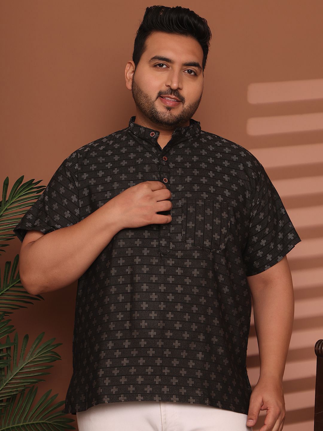 Enchanted Drapes Plus Size Geometric Printed Band Collar Pure Cotton Short Kurta-picture-38