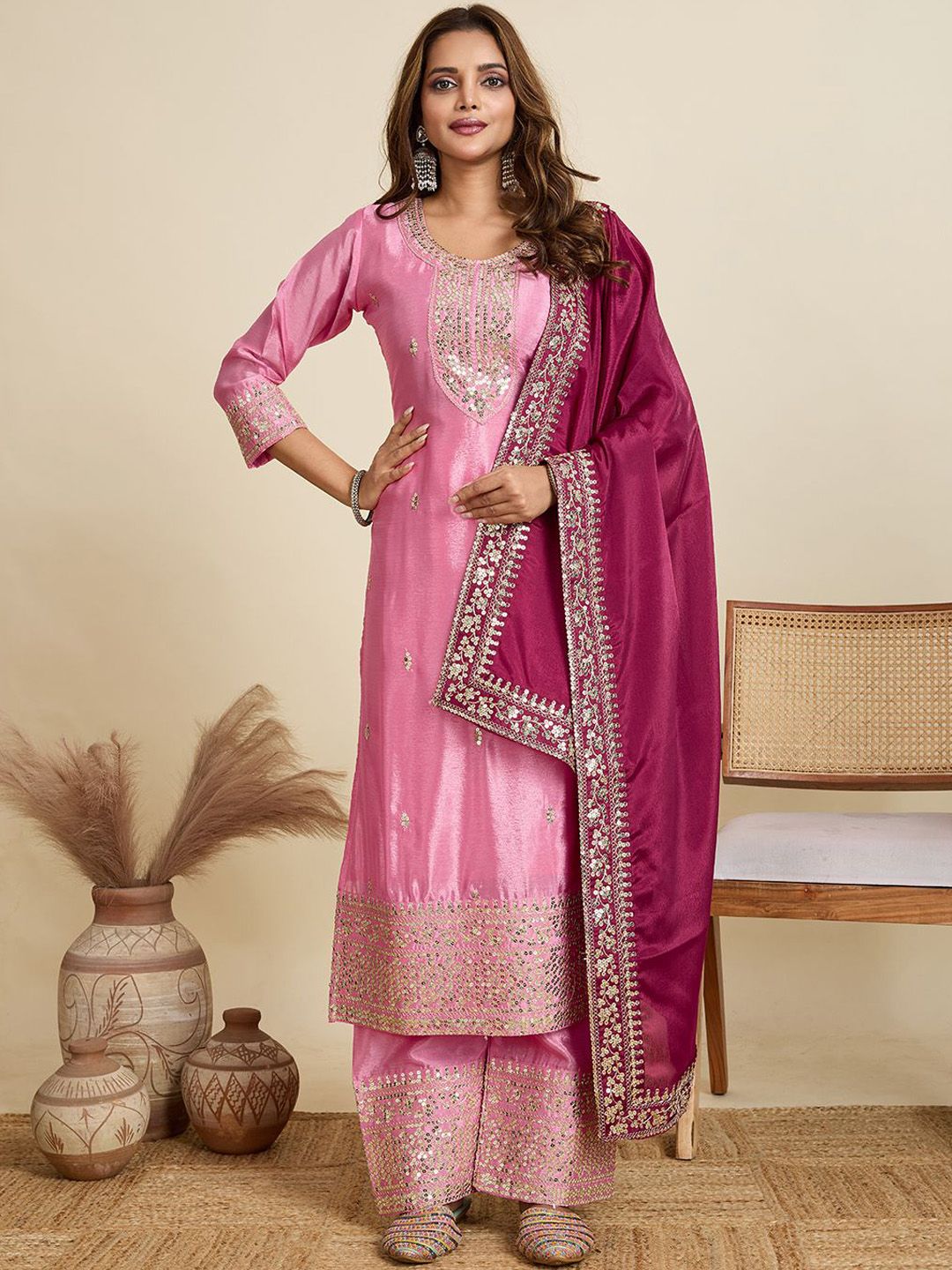 AKSHARAM Floral Embroidered Round Neck Sequinned Straight Kurta With Trousers & Dupatta