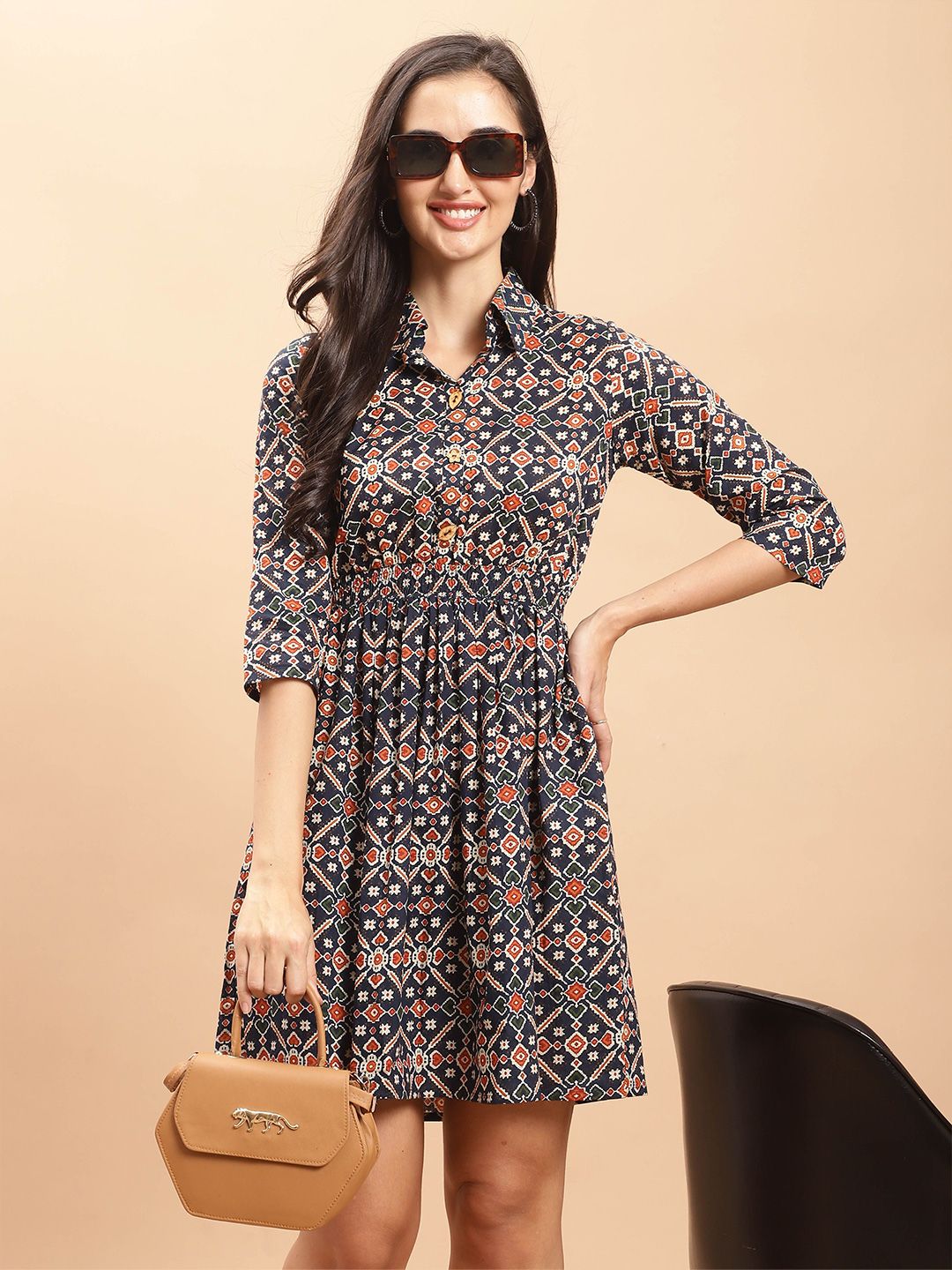 KALINI Floral Printed Mandarin Collar Pure Cotton A-Line Dress-picture-18