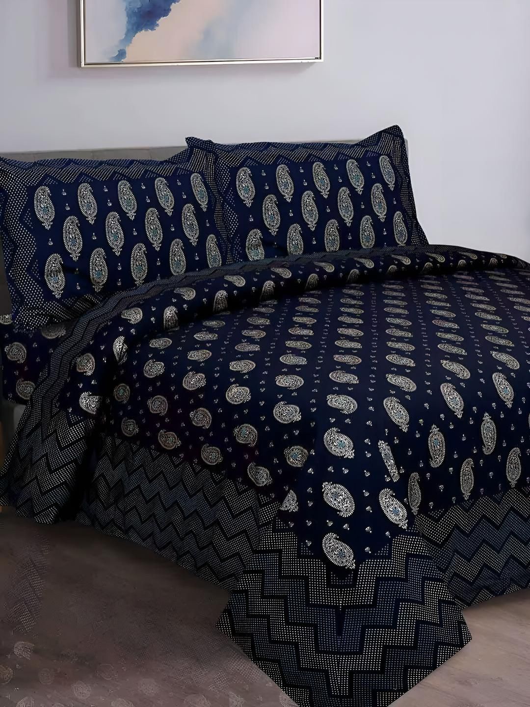 Myntra Elegant Homes Black & Grey Floral Cotton 180 TC King Bedsheet Set 2.74 m X 2.20 m-picture-50