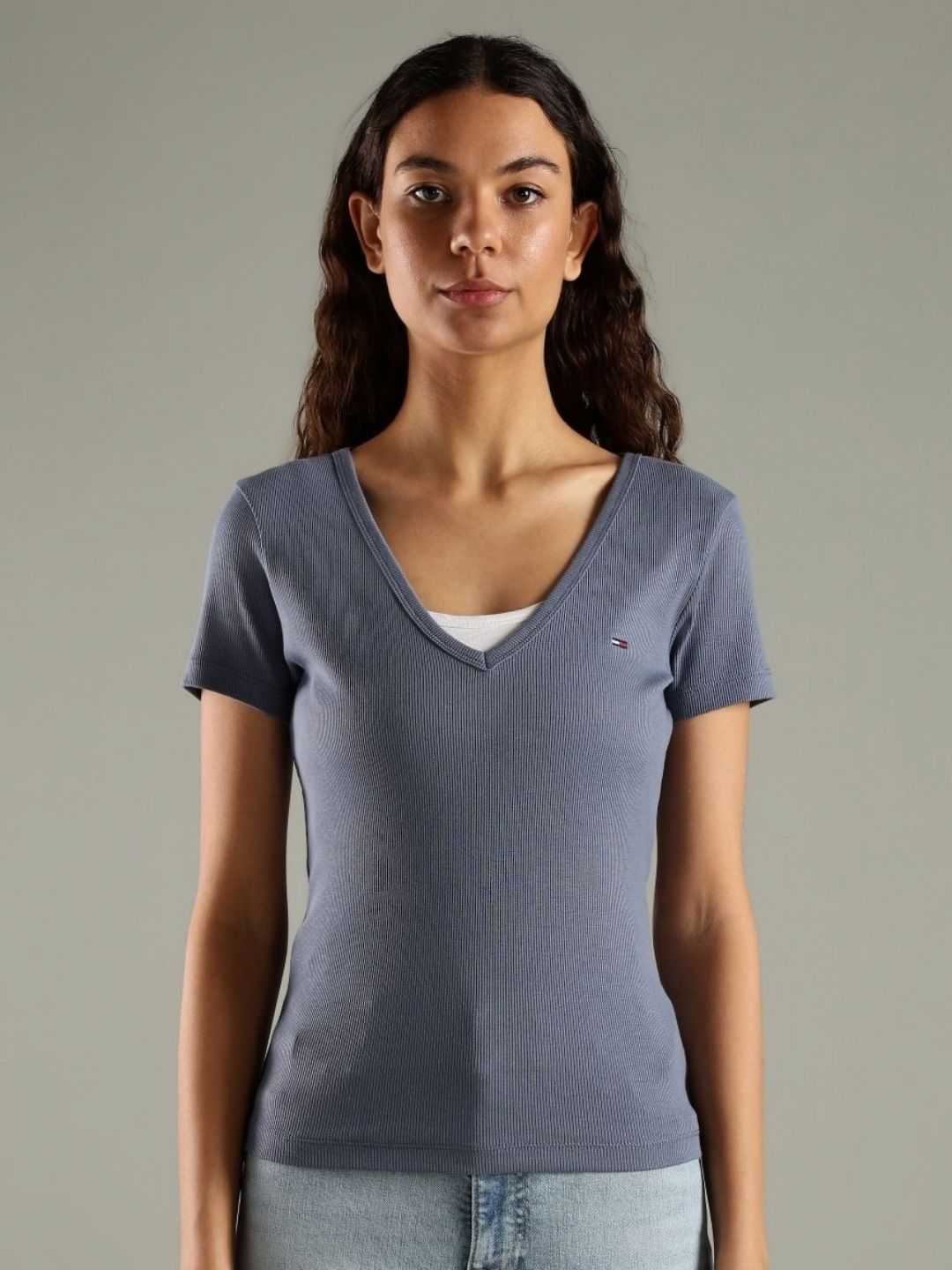 Tommy Hilfiger Women Solid V-Neck Slim Fit T-shirt-picture-38