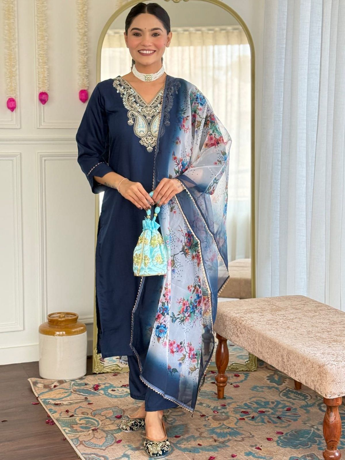 Siya Fashion Embroidered V-Neck Thread Work Straight Kurta With Trousers And Dupatta