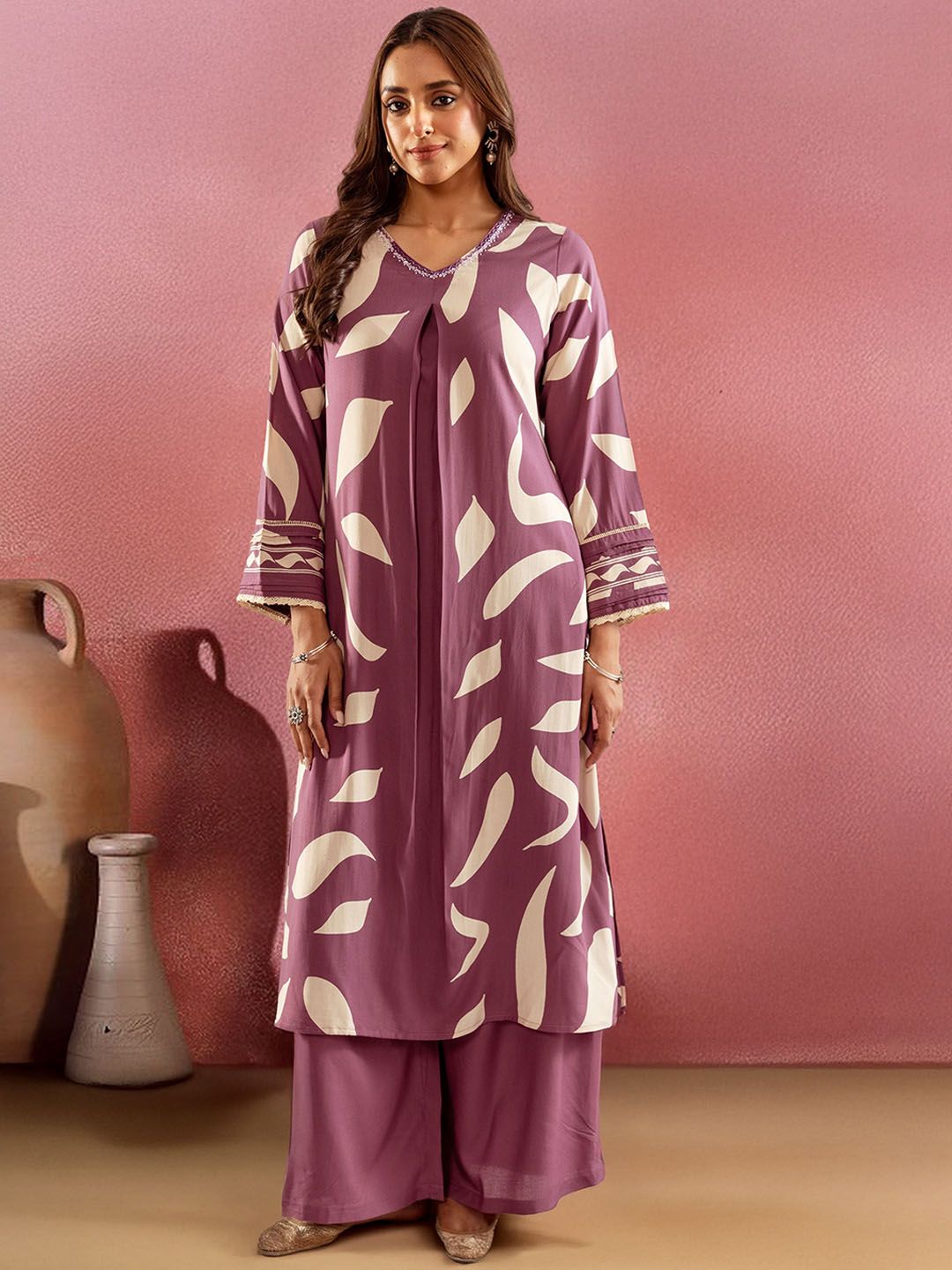 Sangria Abstract Printed V Neck A Line Kurta & Palazzos