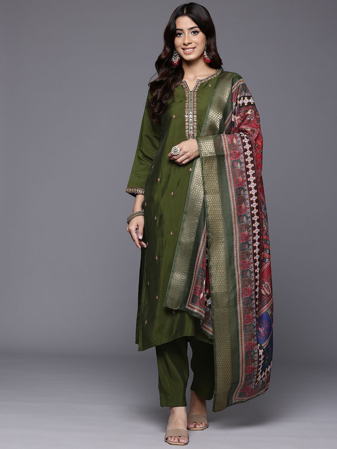 Varanga Floral Embroidered Notch Neck Mirror Work Straight Kurta With Trousers & Dupatta