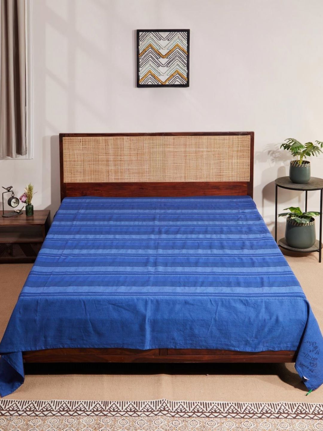 Fabindia Tarana Blue & Navy Blue Striped Cotton 120 TC Single Bed Cover-picture-19