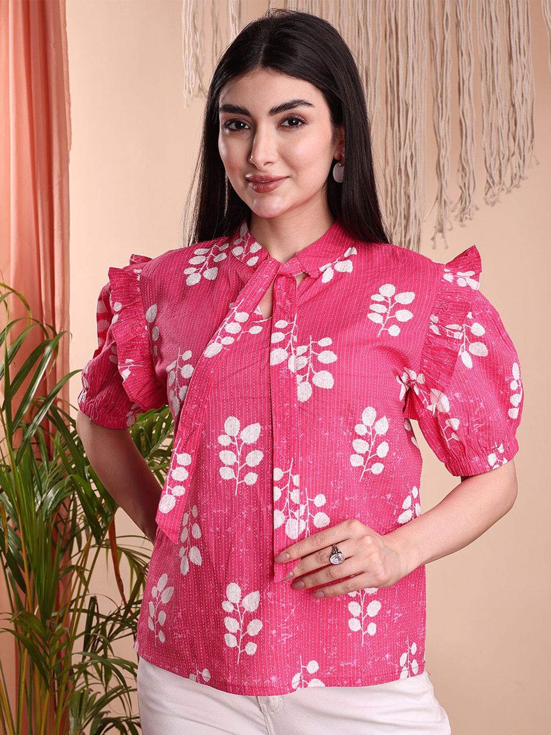 Kinjo Women Floral Printed Tie-Up Neck A-Line Regular Top-picture-35