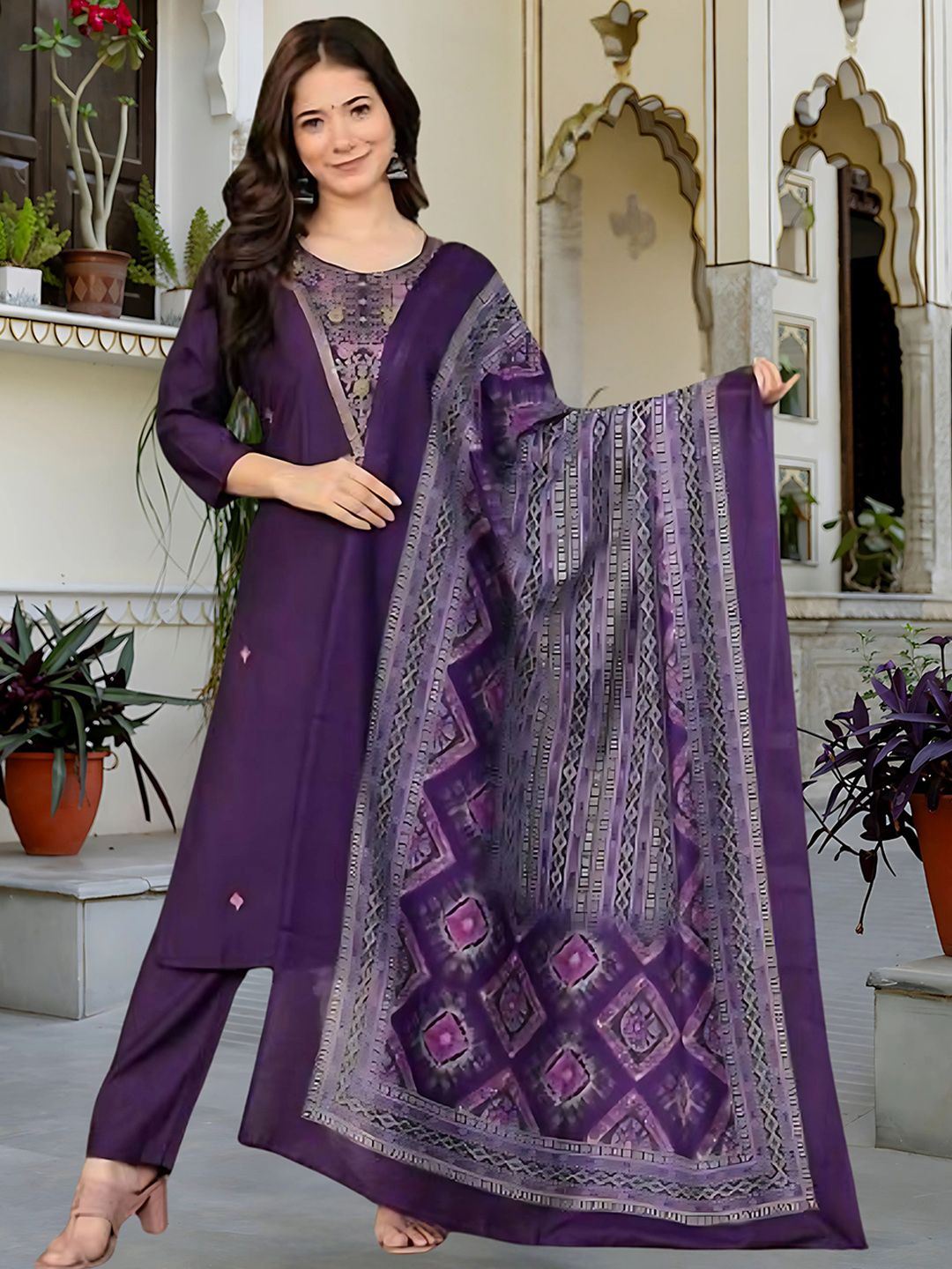 KALINI Floral Embroidered Thread Work Round Neck Straight Kurta With Trousers & Dupatta